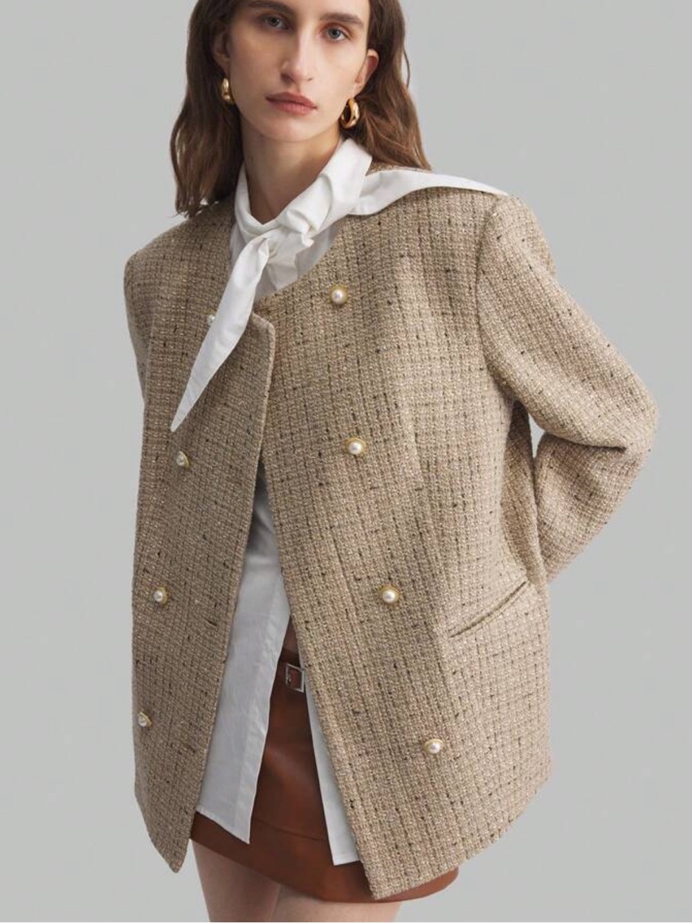 Womens Beige Tweed Pearl-Button Jacket